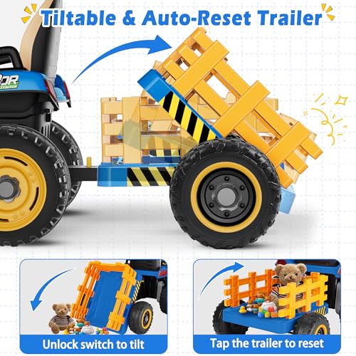 Image of ARBELI 24V Ride On Tractor w /2.4G Remote Control, Tiltable Trailer, Blue