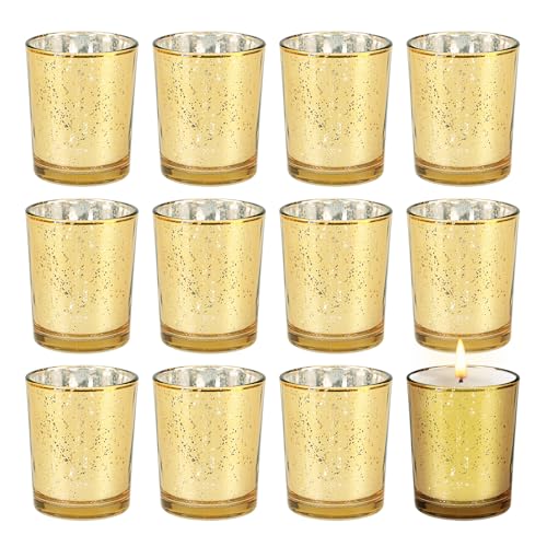 Lot de 12 photophores dorés en verre doré - Bougeoirs votifs en verre pour décoration de mariage, décoration de table, décoration de maison - 5,6 x 6,6 cm