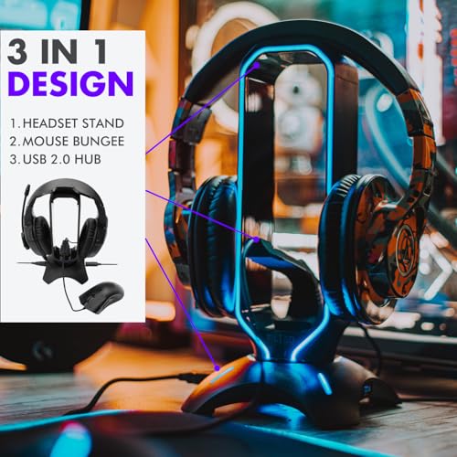 Tilted Nation Gaming Headset Stand | RGB Headphone Stand for Desk with Mouse Bungee and USB Hub (Cool and Clean Setup) Gaming Headset Holder - Perfect Gamer Gift Accessory