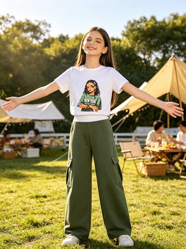 Image of Ayzozuy Kid Girl Clothes Outfits Figure Letter Graphic Tee Top + Flap Pocket Pants 2PC Clothing Set