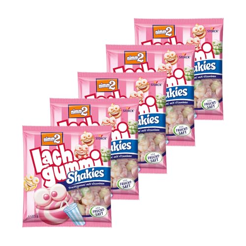 nimm2 Lachgummi Shakies – 5 x 225 g – Fruchtgummis mit Fruchtsaft, Vitaminen und Milch – Süßigkeit in sechs Geschmacksrichtungen