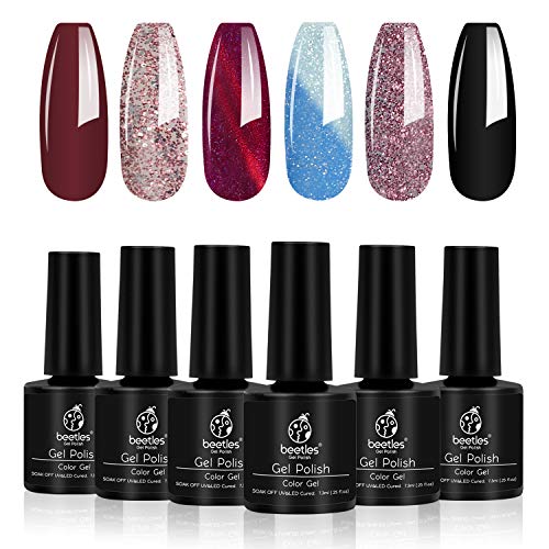 Beetles Ensemble de vernis à ongles gel à paillettes 6 couleurs Rouge et noir Kit 3D Cat Eye Changement Gel Soak Off Vernis à ongles Gel UV LED Kit