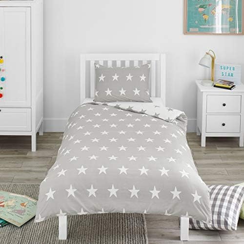 Bloomsbury Mill  Kids Cot Bed Duvet Cover and Pillows Set  Toddler Bedding for Boys and Girls  Grey and White Star Reversible Kids Cot Bed Duvet Cover and Pillow Cases Set  120 x 150 cm