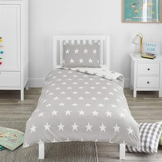 Bloomsbury Mill  Kids Cot Bed Duvet Cover and Pillows Set  Toddler Bedding for Boys and Girls  Grey and White Star Reversible Kids Cot Bed Duvet Cover and Pillow Cases Set  120 x 150 cm