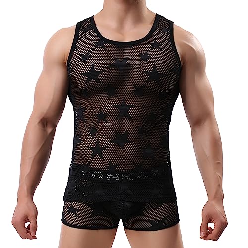 Evankin Mens Sexy Star Fishnet Tank Top See Through Mesh Sleeveless Tank Shirt Muscle Sheer Undershirts