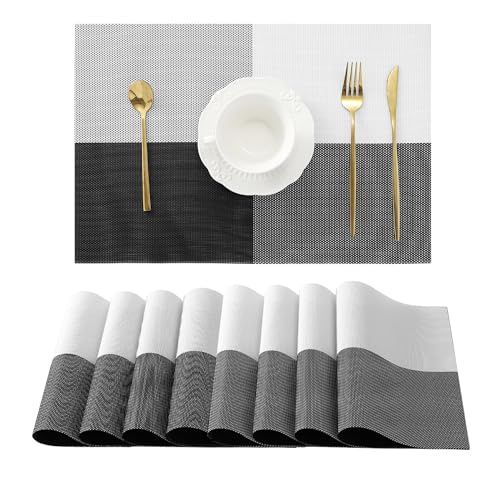 Image of Leetaltree Gray with White Grid Pattern Placemats Set of 8 - Heat Resistant Non-Slip Place mats for Dining Table, Washable Durable PVC Vinyl Woven Table Mats(Grey Grid, 8)