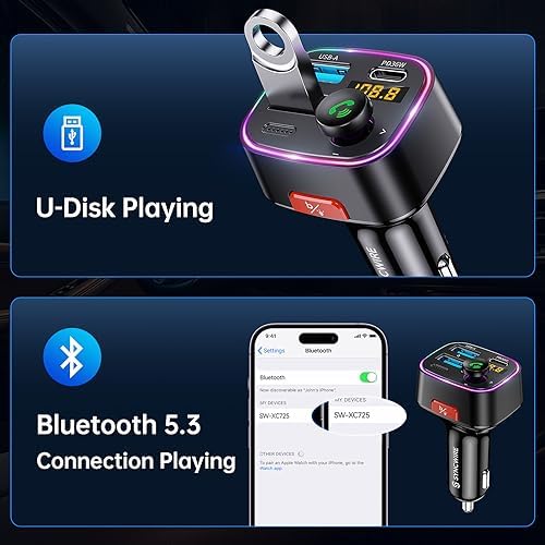 Syncwire Bluetooth 5.3 Fm Nadajnik Samochodowy - Ładowarka Samochodowa 48W (Pd 36W&12W) Adapter Samochodowy, Bezprzewodowy Odbiornik Radiowy, Wyświetlacz Led 64 Gb Usb Z Przełącznikiem Światła