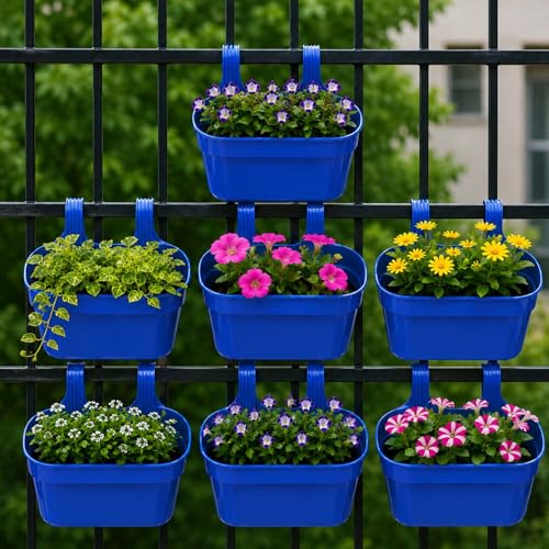 Image of Go Hooked 12 Inch Plastic Railing Hanging Planter Pot Set of 7 | Rectangular Flower Pots with Double Hook for Garden Fence Balcony Indoor Outdoor Home Decor | Durable Plant Container (Blue)