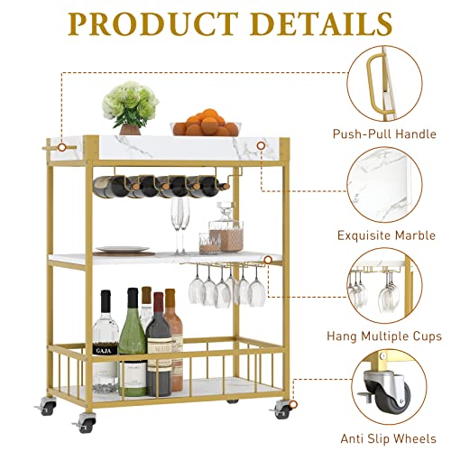 Bar Cart Gold Industrial Bar Carts For The Home, Mobile Bar Serving Cart, Drink Cart, Rolling Beverage Cart, Microwave Cart With Wine Rack And Glass Holder With Wheels And Metal Serving Trolley 34In #TOP5