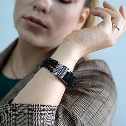 C&L Accessories Beaded Bands Compatible with Fitbit Charge 3 4, Handmade Elastic Stretch Beads Natural Black Agate Jewelry Bracelet Replacement Bands for Women (Black Agate) — view 2