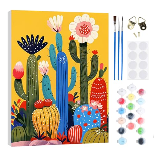 RICUVED Plante Peinture par Numéros Kit 20x30cm pour Débutants avec Cadre en Bois –Cactus Peinture Par Numéros Pour Adulte Enfants Kit DIY Pinceaux,Peintures Décoration Murale