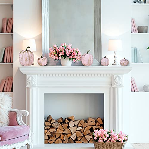 Image of Winlyn 7 Pcs Assorted Artificial Gold Brushed Pink Pumpkins Rustic Decorative Foam Pumpkins for Fall Halloween Harvest Wedding Baby Shower Tabletop Centerpiece Mantel Kitchen Decoration