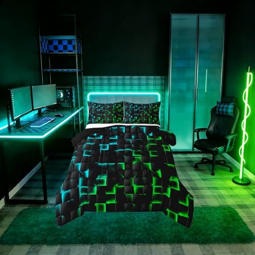 Image of Erosebridal Geometric Checkered Boys Bedding Set King Size Neon Teal Green Comforter Set for Kids Teen Men Gamer Room Decor,Abstract Ombre Plaid Comforter Grids Quilt Duvet Black