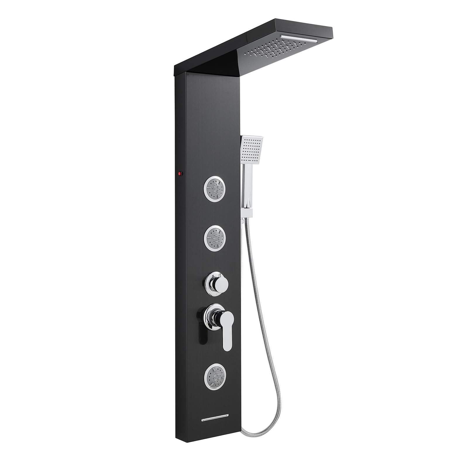 KINKIBOS LED Shower Tower with Mixer, 6 Shower Modes: Rain＆Waterfall, 2 M Massage Jets, Handset and Bath Spout, Stainless Steel Shower Column Black Shower Panel