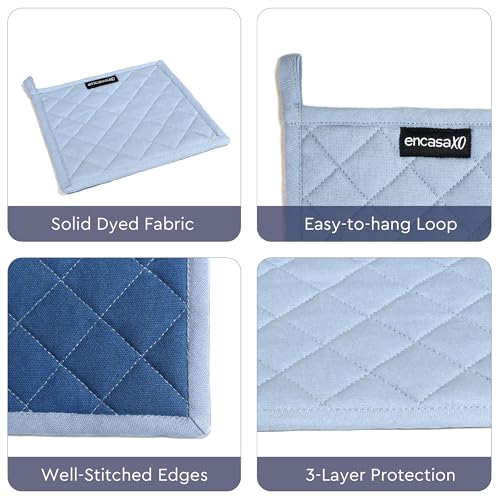 Image of Encasa XO Heat Resistant Cotton Pot Holders with Hanging Loop - Set of 2 - B Grey & Cobalt Blue - Multipurpose Quilted Everyday Hot Pad for Kitchen, Camping, BBQ & Microwave - 21 cm
