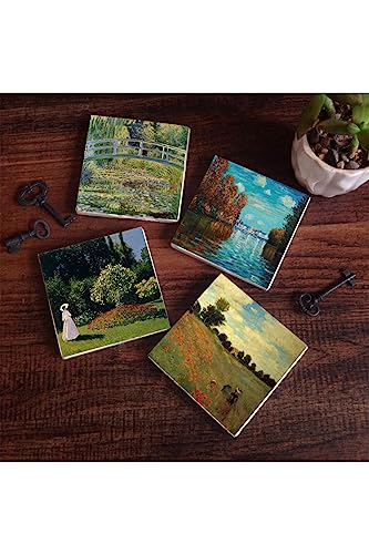 Claude Monet Sonbahar, Bahçedeki Kadın, Gelincikler, Nilüfer Gölü Taş Bardak Altlığı Seti - 4 Parça - Dekoratif, Rustik, 10x10 cm, Kaydırmaz Tabanlı, Şık ve Dayanıklı SC535