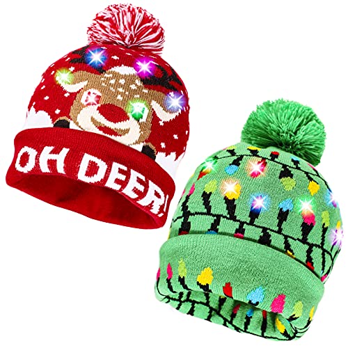 MGparty 2 Pack Knitted Hat with 2 Flashing Modes for Holiday Xmas Christmas (One Size Fits More)