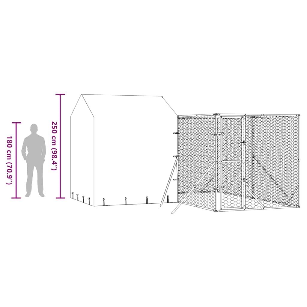 Perrera para perros con techo plateado de acero galvanizado, 4 x 4 x 2,5 m, resistente a la intemperie, con puerta con cierre, adecuado como caño para cachorros, parque libre para jardín y