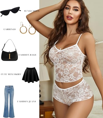 Image of GirlFriend Lace Bra and Panty Set V Neck Babydoll Lingerie 2 Piece Mesh Bralette Set for Wife, Women Wedding Valentine Special Night Occasion Festival