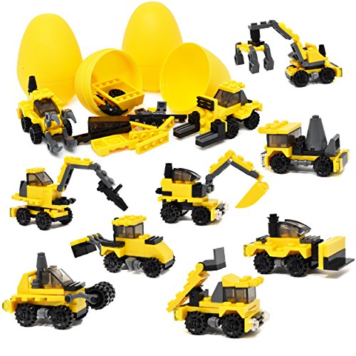 12 Filled Easter Eggs with Surprise Building Block Toys Inside Filled Egg for Kids to Build Different Kinds of Construction Vehicles Plastic 3