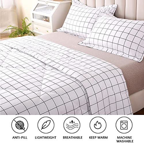 Lipor Queen Size Grid Comforter Set White Gingham Checkered Plaid Printed Soft Fluffy Lightweight Microfiber Down Alternative 3 Pieces Bedding Set With 1 Comforter And 2 Pillow Shams For All Seasons #TOP2
