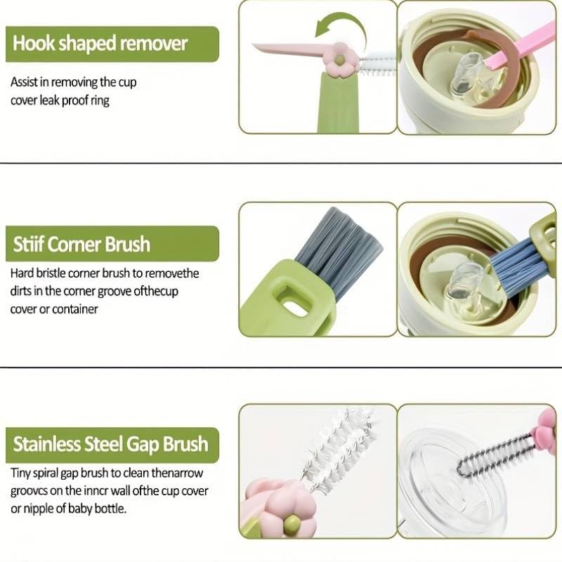 Image of Cots and Cuddles 1pc Bottle Cleaning 3-in-1 Silicone Cleaning Kit for Baby Milk Bottles, Nipple Cleaner and Straw Tool |Multipurpose Scrubbing Brush |Random Colour (Flower)