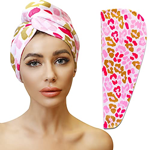 Microfiber Hair Towel Wrap for Women, Quick Dry Hair Turban for Drying Curly Hair Long&Thick Hair Drying Towels Super Absorbent Turban Hair Wrap Towels (Pink Leopard)