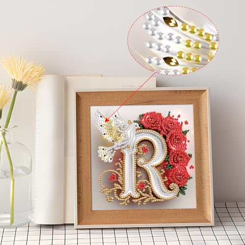 Image of AiYuanzsh 5D Diamond Art Kits for Adults Letter R, Radiant Rose & Dove Initial DIY Crystal Rhinestones Diamond Painting, Elegant Diamond Art for Wall Decor and Romantic Valentine's Day Gift 17x17cm