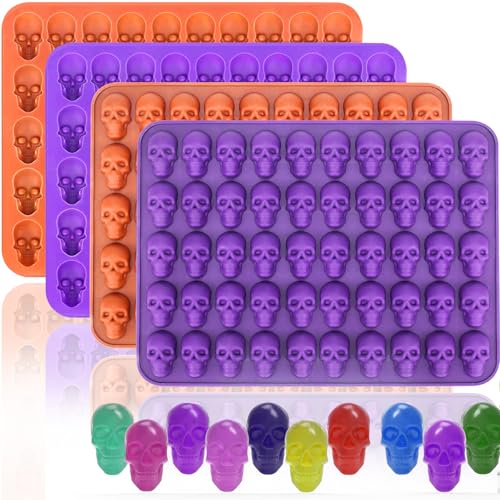 Image of Mini Skull Molds Silicone Halloween for Candy Gummy Chocolate, 200 Cavity 4 pcs Small Head Shapes Freezing Tray Party Wax Melts DIY Moulds BPA Free Treat or Trick Kids Oven Safe