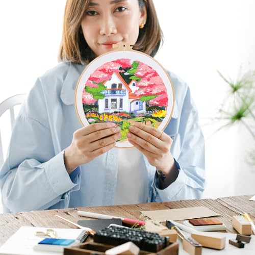 Image of FONNUY Embroidery Kit for Beginners, Boho Nature Landscape Pre-Stamped Pattern Kits for Adults with Hoop, Easy to Follow Color Thread Needlework, 8'' Hoop (Flower House)