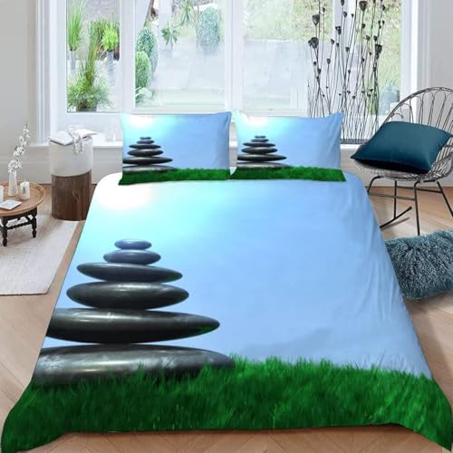 Zen Housse de Couette 160x200 Parure de Lit Motif Galets Microfibre Impression 3D Une House de Couette et Deux Taies d'oreiller (65x65 cm) A.183