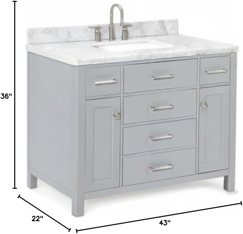 ARIEL Bristol 42-inch Bathroom Vanity with Sink,Solid Wood, 1.5-inch Italian Carrara Marble Countertop & Backsplash, Single Oval Porcelain Sink, 2 Soft Closing Doors, 5 Dovetail Drawers, Grey