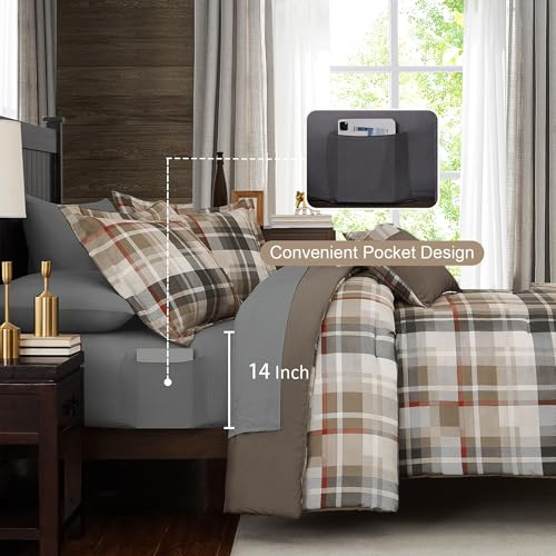 Image of MaiReve Plaid Queen Comforter Sets Khaki, Classic Farmhouse Bedding Set Bed in A Bag 7 Pieces, Lightweight All Season Comforter Set with Fitted & Flat Sheet, Pillowcases & Shams