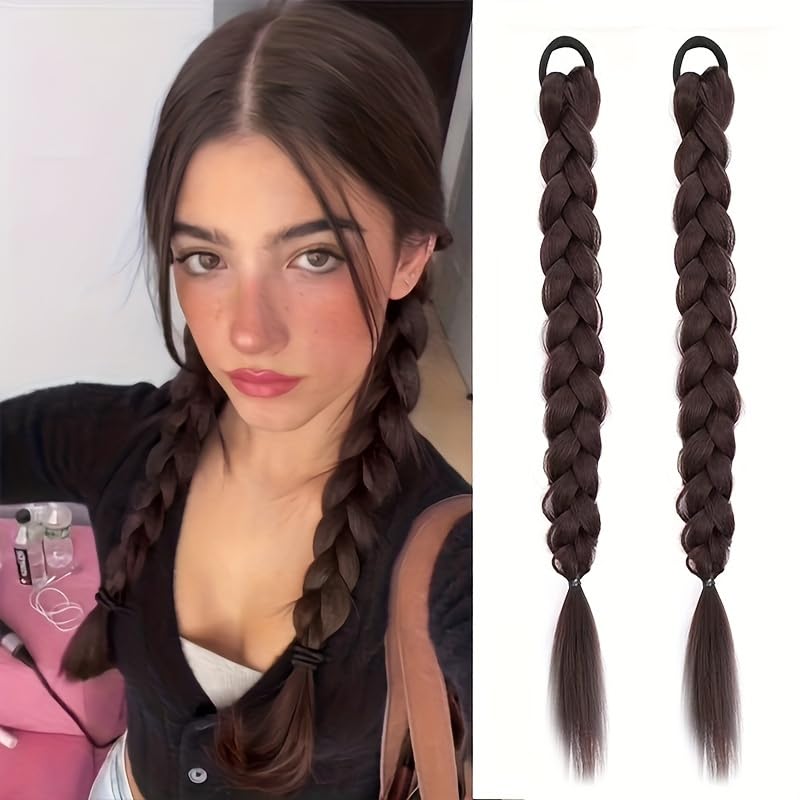 Image of 24 inch Heat Resistant Clip In Synthetic Straight Hair Extensions - Synthetic Hair Extension /Ponytail Long Braided Ponytail With Elastic Hair Ties Synthetic Hair Extensions (Style 5)