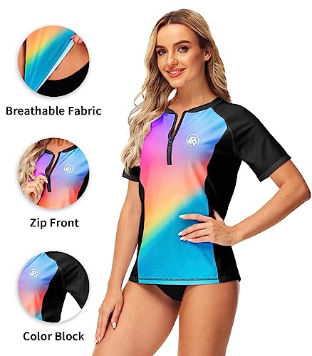 Aobute Short Sleeve Rash Guard Womens Zipper Front Upf 50 Swim Shirt Gradient Quick Dry Rashguard Aqua Multicolor Xl #TOP2