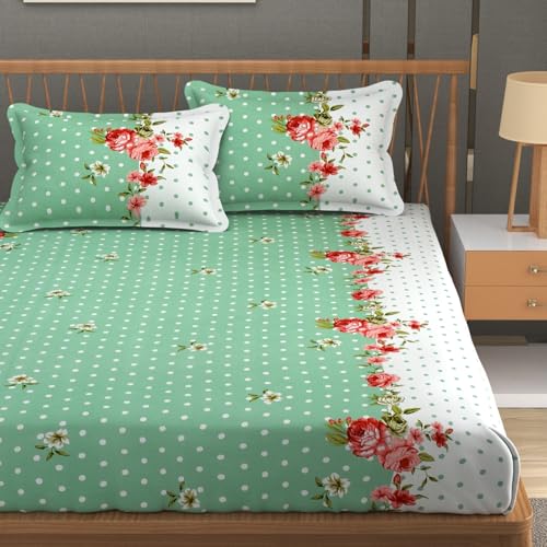 Image of Premium Heavy Cotton Elastic Fitted Bedsheets with 2 King Size Pillow Covers || Double Bed with All Around Elastic 350 TC || 72 x 78 x 10 Inch King Size Fitted || - Green Dot