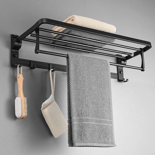 Image of Towel Holder in Bathroom Towel Hanger for Wall Bathroom Towel Rack with Towel Bar and Hooks 60cm Foldable Towel Rod Wall Mounted Lavatory Towel Stand Black Finish