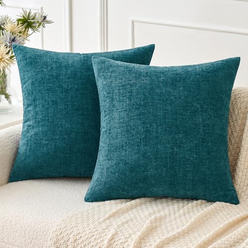 Image of MIULEE Pack of 2 Dark Teal Throw Pillow Covers 18x18 Inch Soft Chenille Pillow Covers for Sofa Living Room Couch Solid Dyed Cases