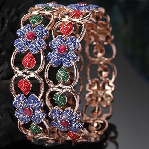 Image of ZENEME Leaf Shaped American Diamond Gold Plated Bangles Jewellery For Women & Girls