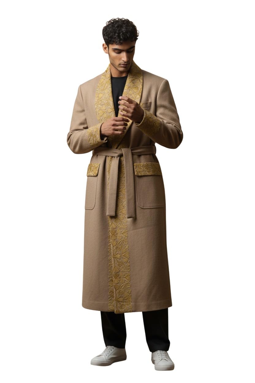 Men Woolen Nightgown Dressing Gown Sleep And Lounge Wear With Kashmiri Charming Embroidery Free Size (1, Maroon-4)