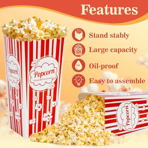 maqihan 18 popcorn boxes easy assembly - 46oz square popcorn bowls square buckets containers tub paper cups holders disposable halloween carnival christmas movie night party individual servings
