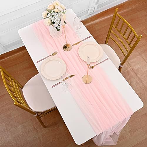 LYAFS 4 Pack Gorgeous Glitter Chiffon Table Runners 10Ft -28x120 Inches Blush Pink Glitter Table Runner Romantic Sheer Table Cover for Wedding Baby Shower Birthday Party Decor Arch Table Decorations