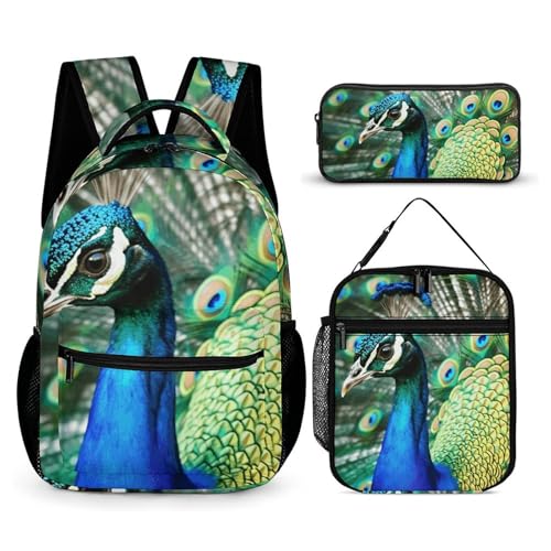 Sac à dos paon esthétique en lot de 3 pièces durables avec trousse assortie