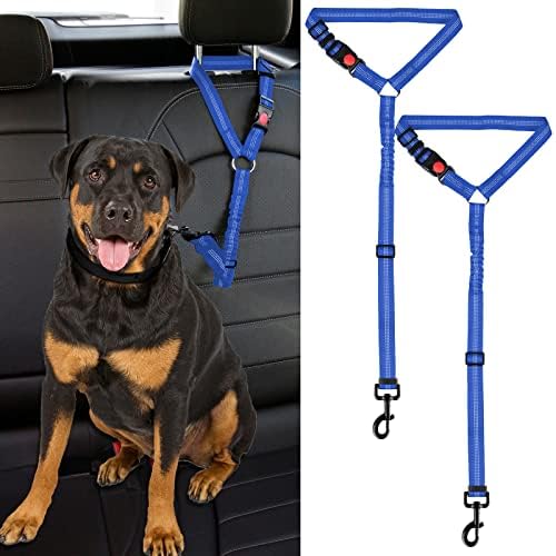 2 Packs Dog Cat Safety Seat Belt Strap Car Headrest Restraint Adjustable Nylon Fabric Dog Restraints Vehicle Seatbelts Harness (Blue Elastic Bungee)