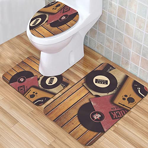 IUBBKI Tappetino da bagno, tappetino antiscivolo per giocatore, in vinile, discoteca, dj, grammofono su legno anni '80, set di 3 tappetini da bagno assorbenti antiscivolo