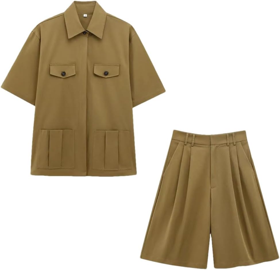 Women Spring Summer 2Pcs Sets Solid Color Short Sleeve Shirts Pockets Tops Casual Shorts Sets