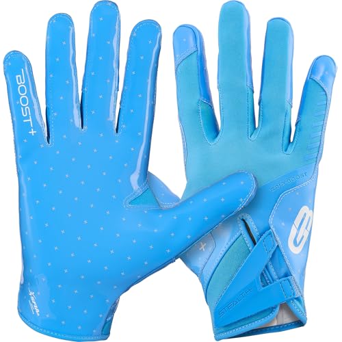 Grip Boost Football Gloves - Solid Stealth 6.0 Boost Plus Sticky Technology - Adult and Youth Football Gloves for Wide Receiver - Mens and Boys Sizes (Solid Light Blue Youth Large)