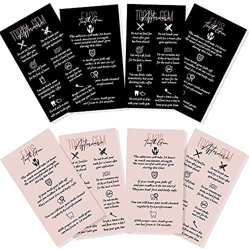 Geolet 100 Pieces Tooth Gem Aftercare And Faqs Cards Teeth Gem Instructions Cards Wallet Sized Dental Gem Card 1.97 X 3.54 Inches Double-Sided Tooth Gem Guide Cards, Black And Pink #TOP13