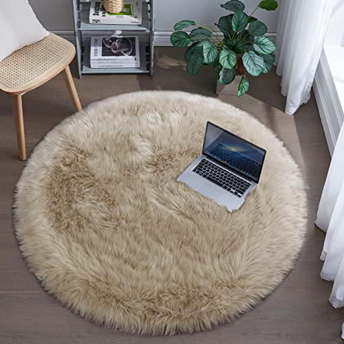 Image of Tangsoo Round Faux Fur Rugs,Sheepskin Round Rugs 3ft,Soft Beige Circle Rug