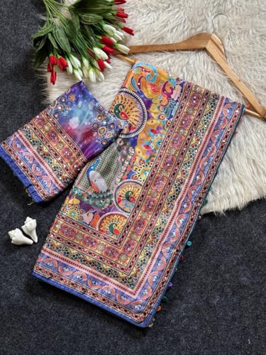 Image of Ajrakh Sarees for Women Roman Silk Ajrakh Print Saree for Woman with Mirror Work Border Pallu & Kodi Latkan with Blouse Piece Designer Ethnic Wear